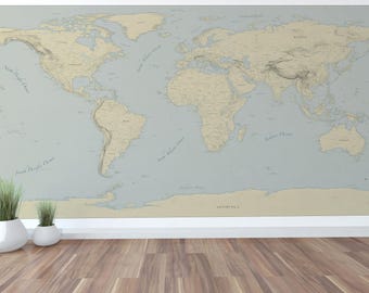 Elegante mural de mapa del mundo. Elegante mapa del mundo, no diseñado con IA, calcomanía de mapa del mundo para arte de pared de 96" x 48" con ciudades y más.