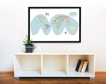 World Travel Map Interrupted Projection, Paper Print Push Pin Travel Map, World Map, Pushpin Travel Map, 36"x24"