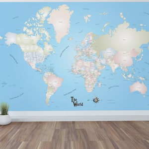 Gigantische wereldkaart muurschildering Stijlvolle en educatieve wereldkaart, niet AI ontworpen, Wall Art World Map Decal 72 "x 48" met Capitols!