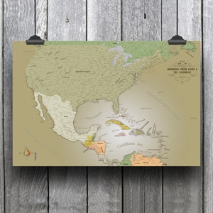 Mapa de EE. UU. y el Caribe, no diseñado por IA, mapa de arte o viajes, mapa de arte, perfecto para el hogar u oficina, impresión en papel
