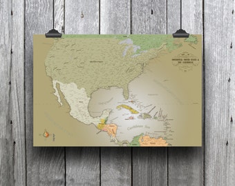 Detailed U.S. & Caribbean Map, Not AI Designed, Art or Travel Map, Art Map, Perfect for Home or Office, Paper Print