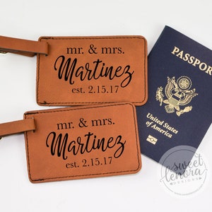 Set of 2 Personalized Luggage Tags Mr & Mrs Luggage Tags His and Hers Luggage Tags Wedding Engagement Gift Customized Travel Tags image 1