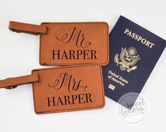 Set of 2 Personalized Luggage Tags | Mr & Mrs Luggage Tags | His and Hers Luggage Tags | Wedding Engagement Gift | Customized | Travel Tags
