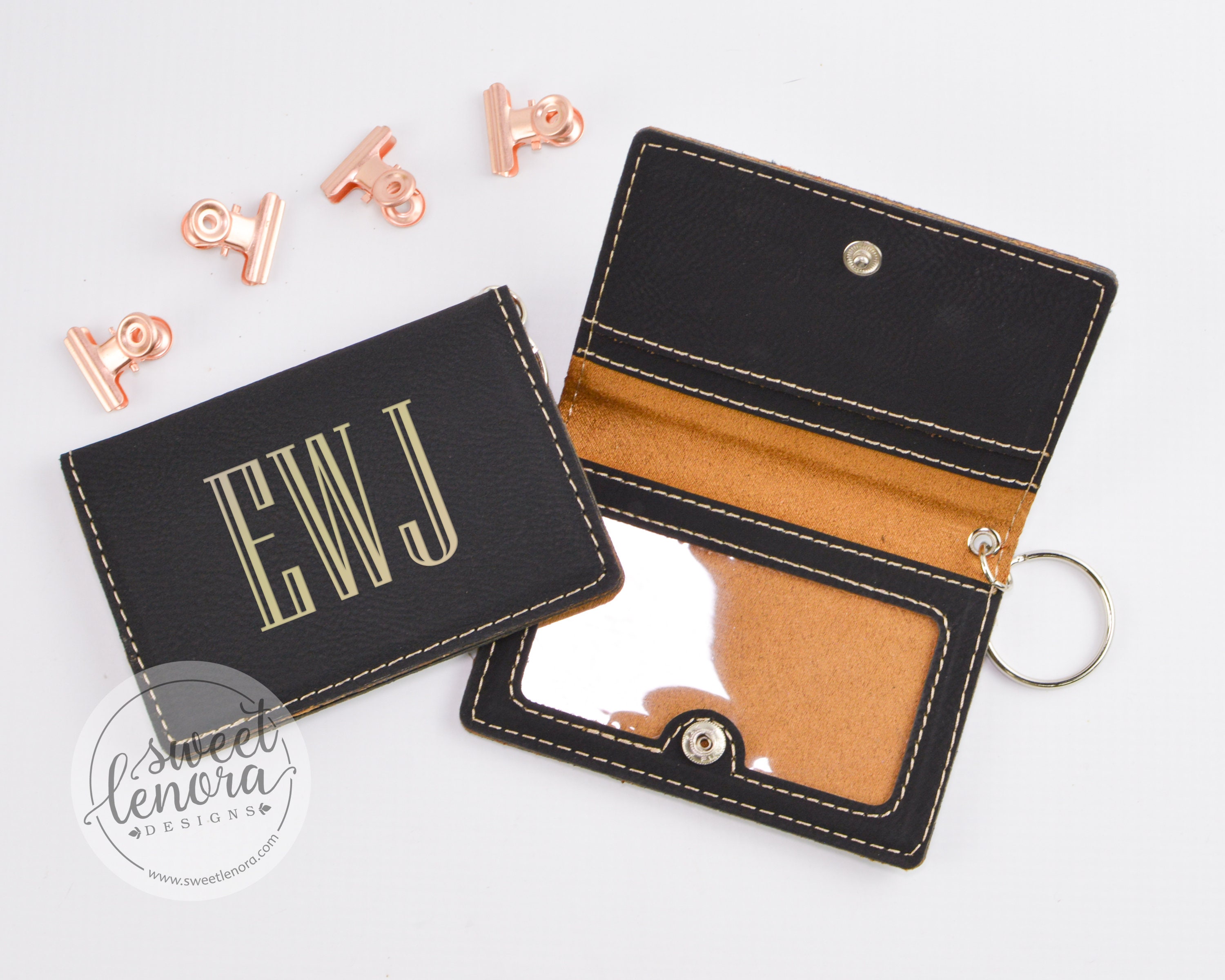 Monogram Keychain Wallet (Choice of Color) Personalized ID Card Holder Custom Engraved Vegan Leather