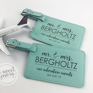 Set of 2 Personalized Luggage Tags | Our Adventure Waits Mr & Mrs | His and Hers | Wedding Engagement Gift | Customized | Travel Tags