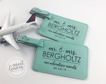 Set of 2 Personalized Luggage Tags | Our Adventure Waits Mr & Mrs | His and Hers | Wedding Engagement Gift | Customized | Travel Tags
