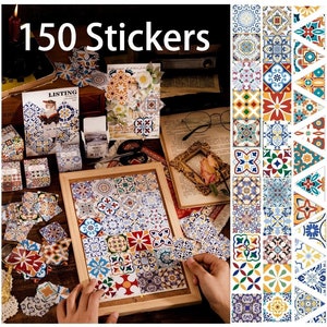 150 tile stickers mini tile OOAK Retro boho tile vintage Bohemian Portuguese Moroccan Mexican ceramic tile doll house toy tile sticker decor