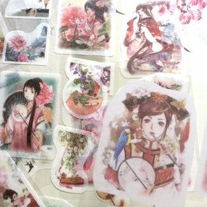 6 fogli di adesivi per ragazze cinesi antiche, bellezza asiatica vintage, ragazza adorabile, bella ragazza dei fumetti, icona della bellezza, diario, pianificatore, icona della ragazza, adesivo regalo