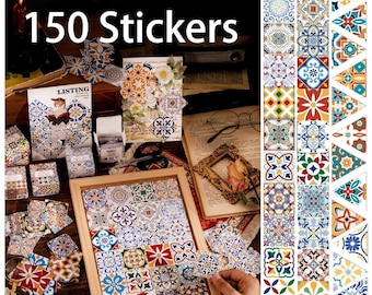 150 tile stickers mini tile OOAK Retro boho tile vintage Bohemian Portuguese Moroccan Mexican ceramic tile doll house toy tile sticker decor