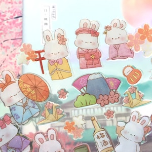 日本のお祭りのウサギのステッカー 着物ドレスのウサギ 桜 さくら おもちゃのウサギ 日本の国民文化をテーマにした装飾エポキシステッカー