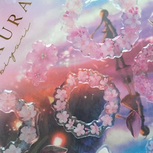 桜の花輪エポキシステッカー 桜 ピンクの花 ミニ花輪 銀箔 国花ラベル DIY 日本 花アート アクセサリー ギフト