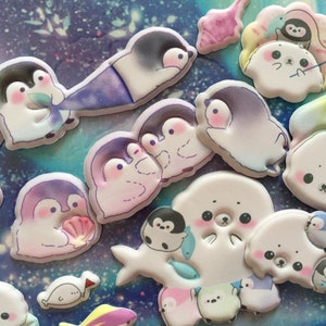 Pinguïn en witte zeehond gezwollen sticker pinguïns zeemeermin pinguïn pinguïn chef-kok baby pinguïn zuidpool zee dier arctische dieren in het wild diy planner cadeau
