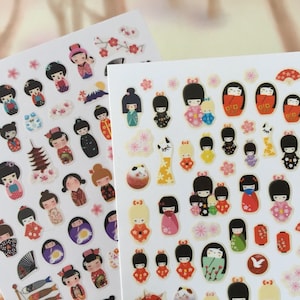 100 pegatinas de muñeca japonesa Kawaii sakura, disfraz de kokeshi japonés, pegatina de uñas de kimono, colección de princesas japonesas súper mini, decoración, regalo para niña