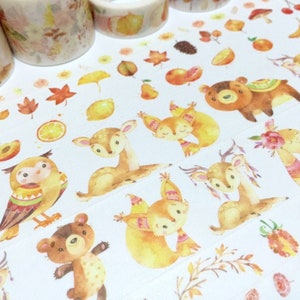 7 rollos de cinta adhesiva washi con motivos de bosque otoñal, estaciones de otoño, temas otoñales, animales de dibujos animados de arce, búho, ciervo, conejo, cinta adhesiva de animales de cuento de hadas
