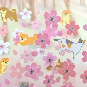桜かわいい猫秋田犬ステッカーピンク桜の国花日本の花ミニ桜祭り日本の動物アイコンラベルクラフトギフト