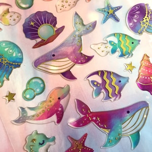 Pegatina temática submarina, ballena azul, delfín, mundo marino, concha marina, perla, medusa, caballito de mar, estrella de mar, mar azul profundo, pegatina epoxi, decoración elegante