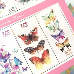 Pegatinas de sellos postales de mariposas, decoración con tema de mariposas, mariposas danzantes, muestra de mariposas raras, decoración de insectos, etiqueta de postal de mariposa, regalo