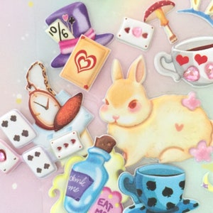 Alice im Wunderland Thema Zauberwelt Hase Geheimuhr Polka Karte Teekanne drink me eat me bottle Traumwelt Fancy Puffy Sticker Geschenk