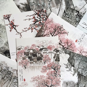 30 dipinti cinesi a pennello con poesia classica cartolina Cina poesia paesaggio colline albero fiore piante pittura a inchiostro arte arredamento carta regalo
