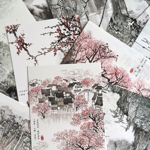 30 Chinese brush painting with classic poem post card China poetry landscape hills tree flower plants ink painting art decor paper gift