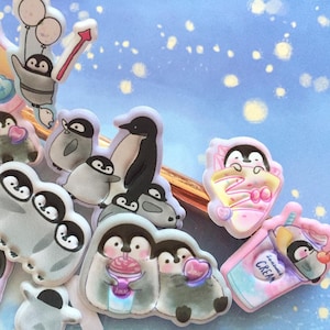 Pegatina hinchada con temática de pingüino, cinco pingüinos, pingüino volador, adorable comida, pingüino de dibujos animados, pingüino bebé, animal marino, personajes lindos, decoración, regalo