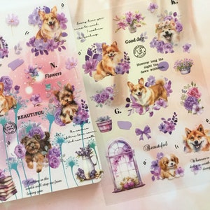 2er Set süßer Welpe Hund Sticker Yorkshire Terrier Akita Hund Golden Happy Dog Baby Hund lila Blume Planer Deko Aufkleber Geschenk