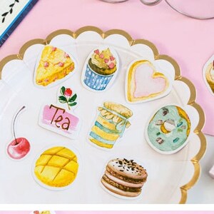 Adesivo buffet de hora do chá 45, sobremesa gourmet, donut, cupcake, donut, planejador de comida, receitas de festa, padaria, caderno de cozinha, adesivo de flocos