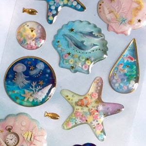 beautiful sea world sticker sea shell jellyfish dolphin clownfish Epoxy sticker seahorse clown fish gold fish deep blue sea fancy sticker