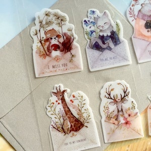 Pegatina de sobre con forma de animal, bonita carta con forma de animal, adorable foca del bosque, gato, ciervo, ardilla, oso, pájaro, cuento de hadas, tema animal del mundo
