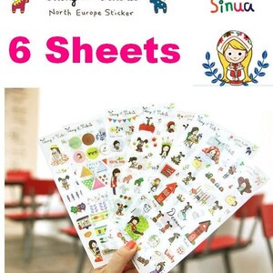 set of 6 North Europe Cartoon girl sticker colorful flag daily life girl label happy girl pet dog colorful story diary sticker scrapbook