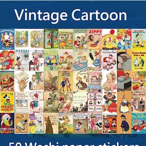 50 starych naklejek z kreskówek, stara książka z kreskówkami, kolekcja retro kreskówek, książki makrominiaturowe, miniaturowa książka, projekt artystyczny DIY, ładny prezent z papieru