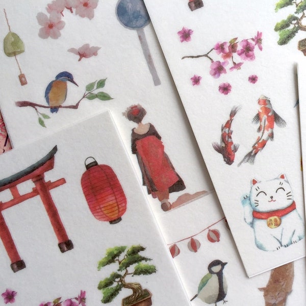 6 autocollants sur thème japonais kokeshi geisha paysage japonais déco autocollant paysage japonais traditionnel japon culture autocollant scrapbook cadeau