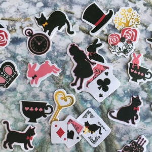 32 Alice nel paese delle meraviglie adesivo, mondo di sogno orologio magia adesivo coniglio nero, adesivo fantasia fiaba Alice nel paese