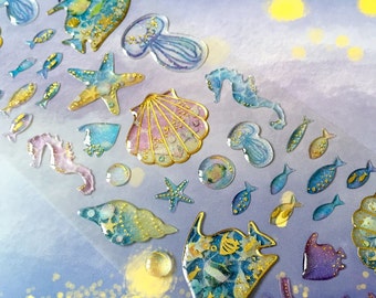 mar pegatina mundo, hermosa concha de mar medusas etiqueta engomada de epoxy caballito de mar, pescaditos de oro azul profundo del mar