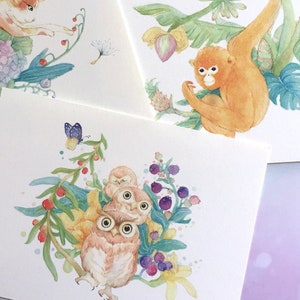 7 kleurrijke dieren ansichtkaart kameleon kikker aap uil goudvis konijn huisdier kat papieren kaarten versiering mini tekening art journal deco cadeau