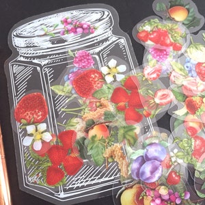 Adesivos de frutas vermelhas fofas em garrafas de vidro, decoração de vidro transparente, garrafa de frutas 2D, frutas vermelhas mistas, cartões DIY, capa de celular, decoração, artesanato fácil, presente para crianças