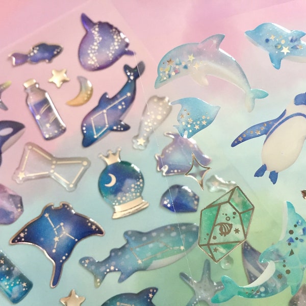 fancy sea animal world sticker underwater theme dolphin penguin ray fish jellyfish starfish whale deep blue sea Epoxy sticker diy craft gift