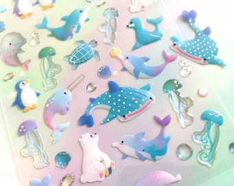 blue sea animal ray fish epoxy sticker penguin dolphin jellyfish polar bear sea seal transparent cartoon fish fancy blue fish decor gift