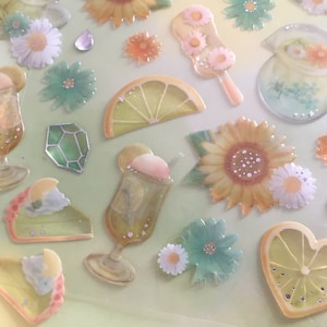 suco de limão limonada sobremesa adesivo epóxi girassol margarida coração fatia bolo de limão verão receita de limão fresco projeto artesanato decoração adesivo