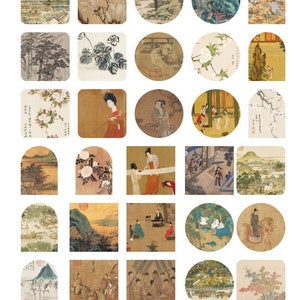 May include: 45 paper stickers featuring traditional Chinese art. The stickers are in various shapes and sizes, including circles, squares, and arches. The designs include landscapes, flowers, people, and birds. The stickers are perfect for adding a touch of Asian culture to your journals, planners, or other crafts.