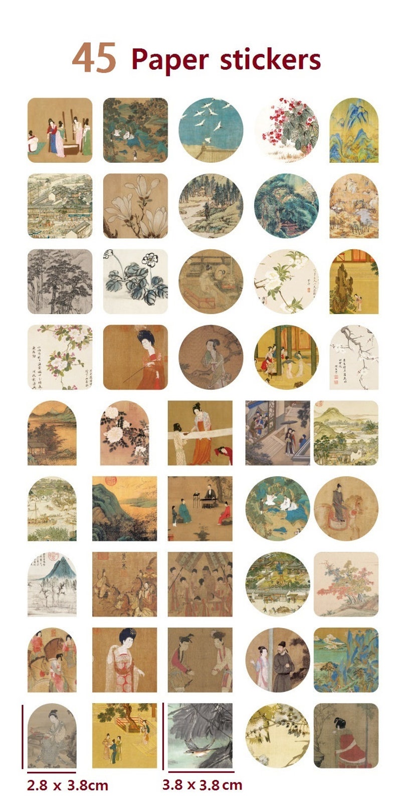 May include: 45 paper stickers featuring traditional Chinese art. The stickers are in various shapes and sizes, including circles, squares, and arches. The designs include landscapes, flowers, people, and birds. The stickers are perfect for adding a touch of Asian culture to your journals, planners, or other crafts.