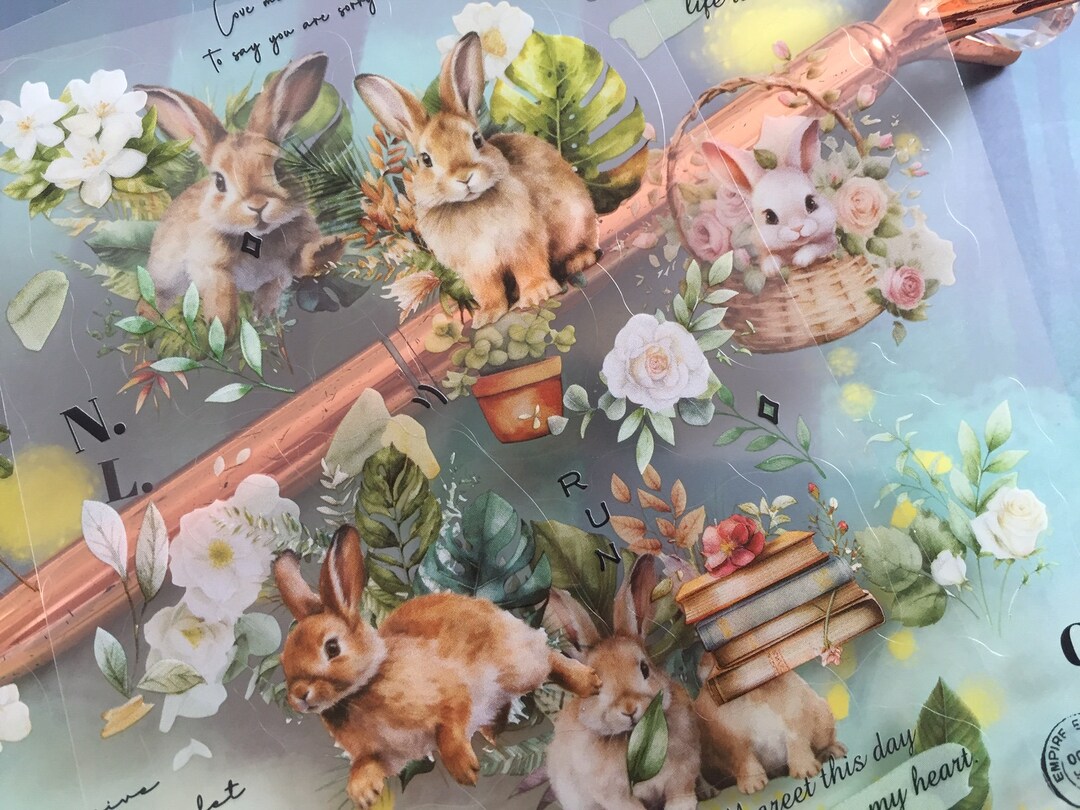 Elizabeth Rabbit Stickers Set of 2 Adorable Rabbit Sticker Forest Rabbit Easter Bunny Flower ...