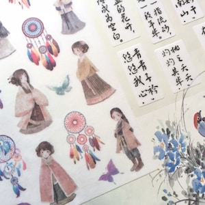 6 hojas de pegatinas de niña antigua, belleza vintage asiática, chica encantadora, bonita chica cómica, icono de belleza de arte chino, planificador diario, pegatina de niña, regalo