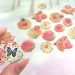 Etiqueta engomada de la flor de lujo rosa peonía camelia flor mini mariposa en botella floral Flores prensadas patrón diy resina encanto regalo Epoxi etiqueta
