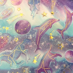 Adesivo temático do horóscopo do zodíaco, espaço sideral, estrela, nuvem, constelações de estrelas coloridas, planetas da galáxia, brilho, mistério, noite, adesivo epóxi, presente