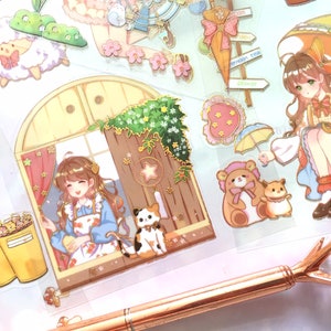ensemble de 4 campagne sur le thème sweet 16 dessin animé anime fille fenêtre en bois pique-nique fête animal de compagnie chat planificateur autocollant feuille d'or grande étiquette cadeau déco