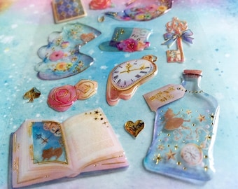 Alicia en el país de las maravillas pegatina, mundo de los sueños reloj de magia me come té etiqueta engomada de epoxy tiempo