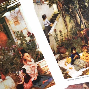 May include: Two paintings depicting scenes of women gathering oranges in a garden setting. The first painting shows two women in a courtyard with a large terracotta pot and lush greenery. The second painting shows three women gathering oranges in a garden with a white cloth spread out on the ground. The text '(the orange gatherers) 1890 private collection' is visible at the bottom of the second painting.