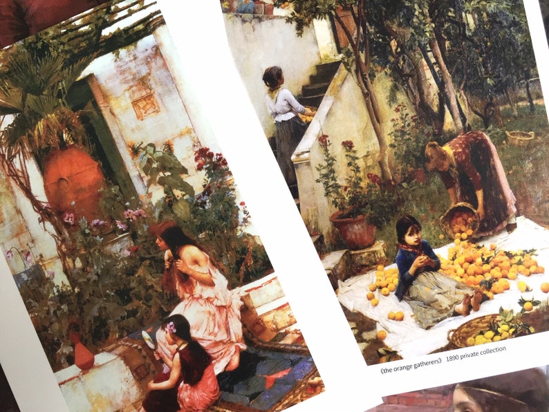 May include: Two paintings depicting scenes of women gathering oranges in a garden setting. The first painting shows two women in a courtyard with a large terracotta pot and lush greenery. The second painting shows three women gathering oranges in a garden with a white cloth spread out on the ground. The text '(the orange gatherers) 1890 private collection' is visible at the bottom of the second painting.
