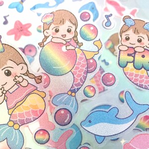 ensemble de 4 autocollants mignons sirène petite sirène thème coloré sirène princesse étoile de mer dauphin coquillage conte de fées histoire autocollant enfants cadeau